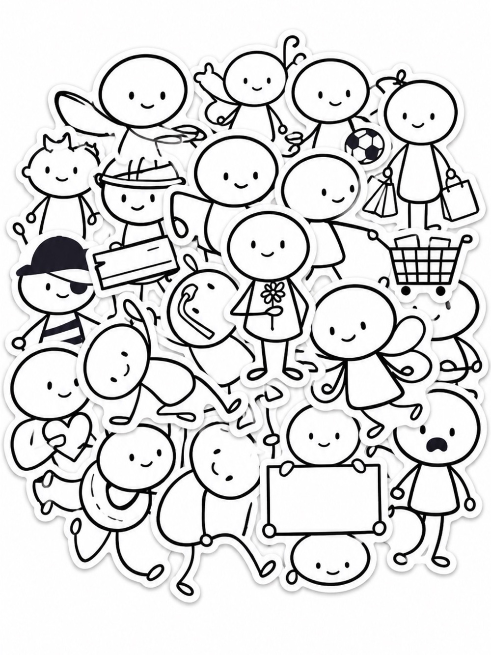66pc Cute Stick Figure Stickers Black & White Cartoon Doodle Pack NEW